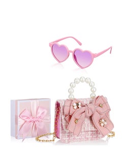 Excefore Purse for Little Girls Mini Toddler Crossbody Handbags with Pearl Bow Sunglasses Box Set for Kids Gift  - Image 1