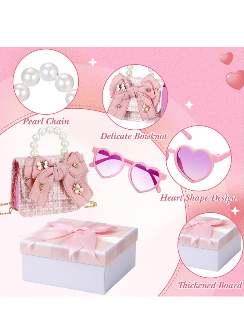 Excefore Purse for Little Girls Mini Toddler Crossbody Handbags with Pearl Bow Sunglasses Box Set for Kids Gift - Image 3