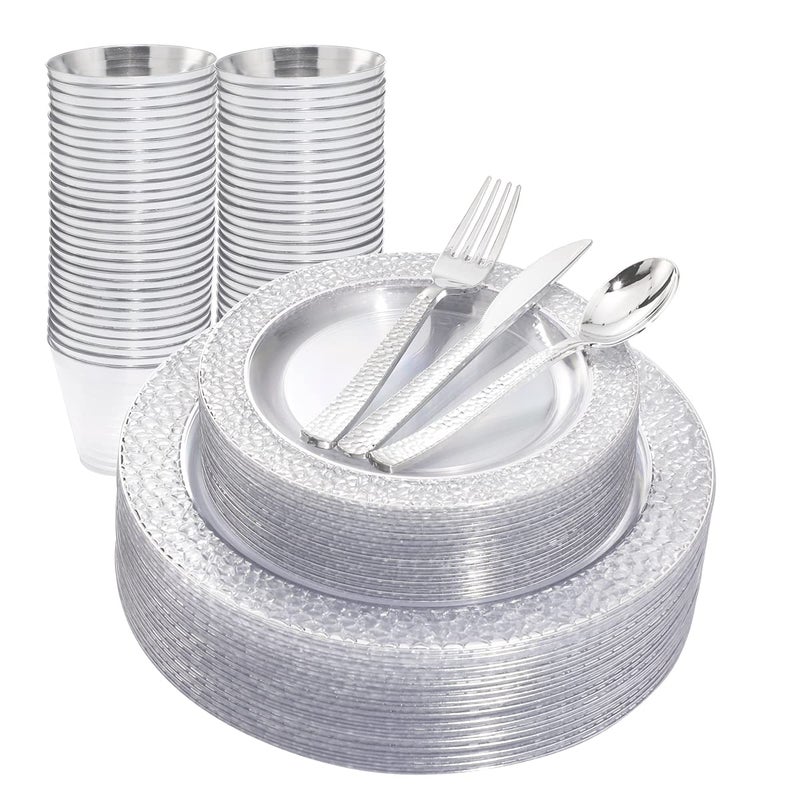 Ciaell 150PCS Clear Silver Plastic Plates  Silver Disposable Plates include 25Dinner Plate 25Dessert Plate 25Forks 25Knives 25Spoons 25Cups for Weddings  Parties