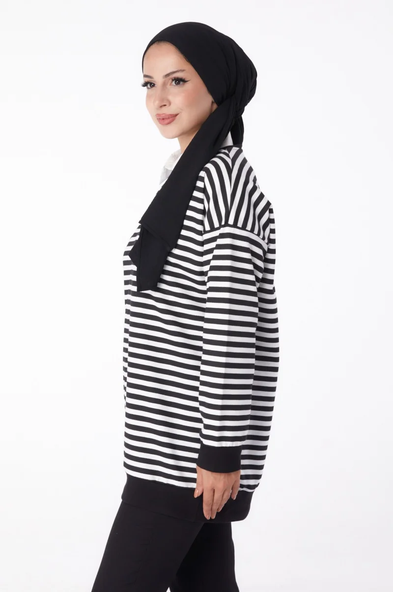 Tofisa Plain Crew Neck Women's Black Striped Sweat - 26248