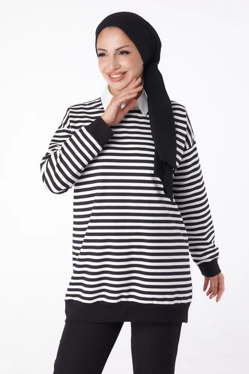 Tofisa Plain Crew Neck Women's Black Striped Sweat - 26248