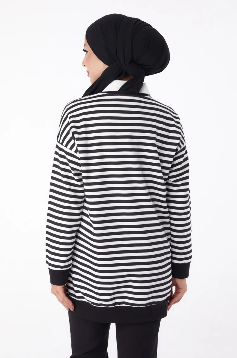 Tofisa Plain Crew Neck Women's Black Striped Sweat - 26248