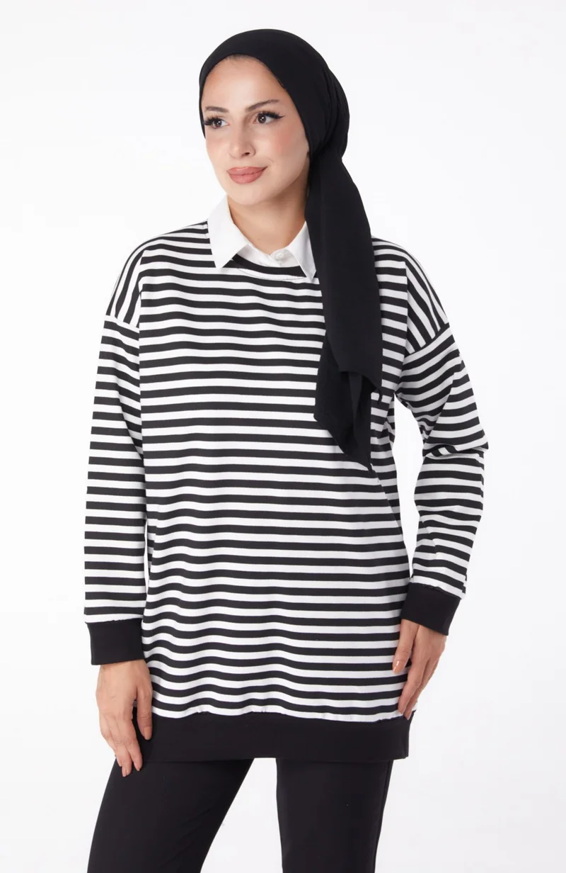 Tofisa Plain Crew Neck Women's Black Striped Sweat - 26248