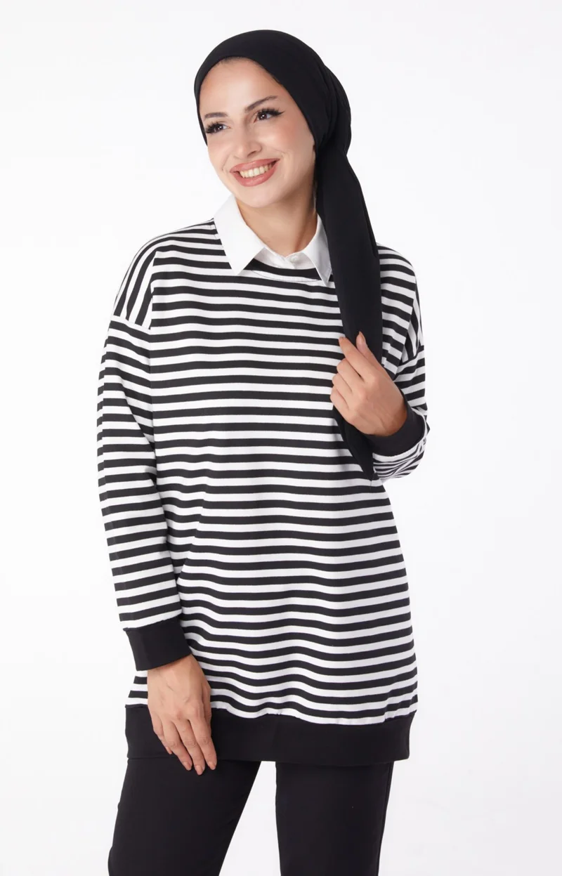 Tofisa Plain Crew Neck Women's Black Striped Sweat - 26248