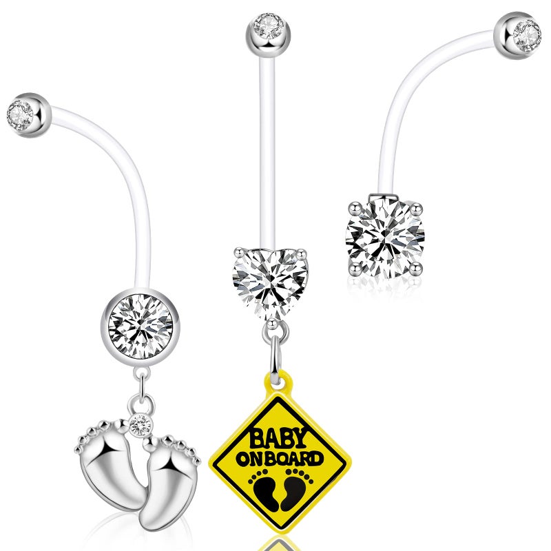 ONESING 3 Pcs 14G Pregnancy Belly Button Rings Flexible Maternity Belly Button Rings Plastic Long Pregnancy Belly Rings 38mm Cute CZ Jewelry Hypoallergenic Sport - Image 1