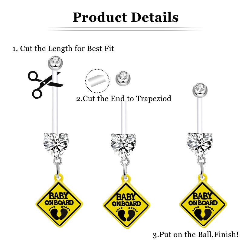 ONESING 3 Pcs 14G Pregnancy Belly Button Rings Flexible Maternity Belly Button Rings Plastic Long Pregnancy Belly Rings 38mm Cute CZ Jewelry Hypoallergenic Sport - Image 4