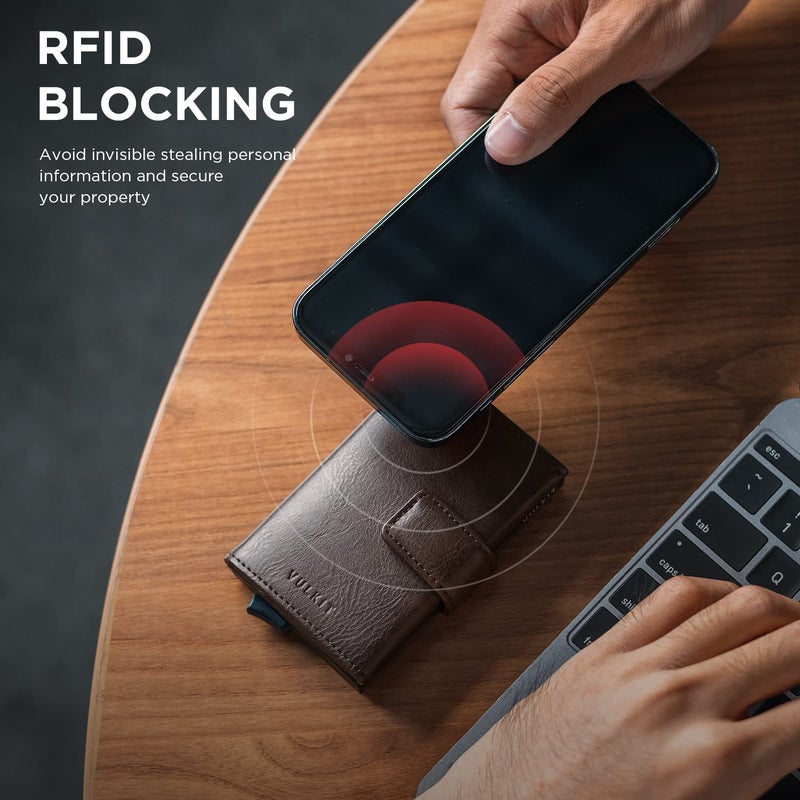 VULKIT محفظة فالكيت القابلة للطي، حامل بطاقات ائتمان جلدية أوتوماتيكية، محفظة جيب مزدوجة مع خاصية حجب RFID وفتحة للنقود للنساء والرجال - Image 5