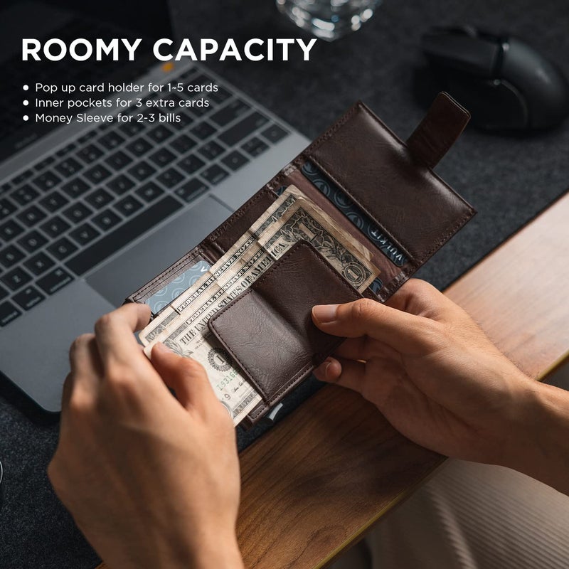 VULKIT محفظة فالكيت القابلة للطي، حامل بطاقات ائتمان جلدية أوتوماتيكية، محفظة جيب مزدوجة مع خاصية حجب RFID وفتحة للنقود للنساء والرجال - Image 3