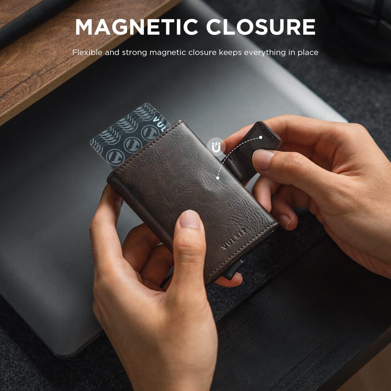 VULKIT محفظة فالكيت القابلة للطي، حامل بطاقات ائتمان جلدية أوتوماتيكية، محفظة جيب مزدوجة مع خاصية حجب RFID وفتحة للنقود للنساء والرجال - Image 4