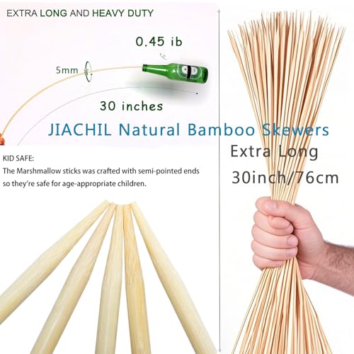 JIACHIL Natural Bamboo Skewers 30 Inch Extra Long 5mm Heavy Duty Marshmallow Roasting Sticks Thick Smore Sticks for BBQ Grilling Camping Kitchen Crafting and Party (60) - Image 2