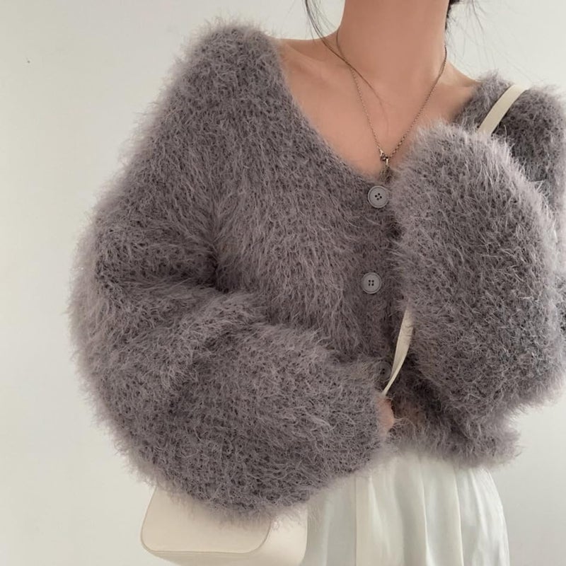 JOLILUNA Mohair Cardigan for Women Fuzzy Open Front Cardigan Oversized Faux Fur Cardigan Coquette Sweaters (Grey) - Image 1