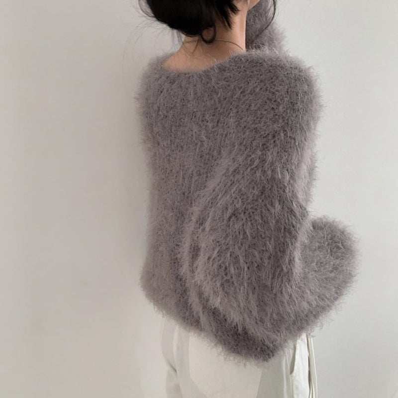 JOLILUNA Mohair Cardigan for Women Fuzzy Open Front Cardigan Oversized Faux Fur Cardigan Coquette Sweaters (Grey) - Image 5
