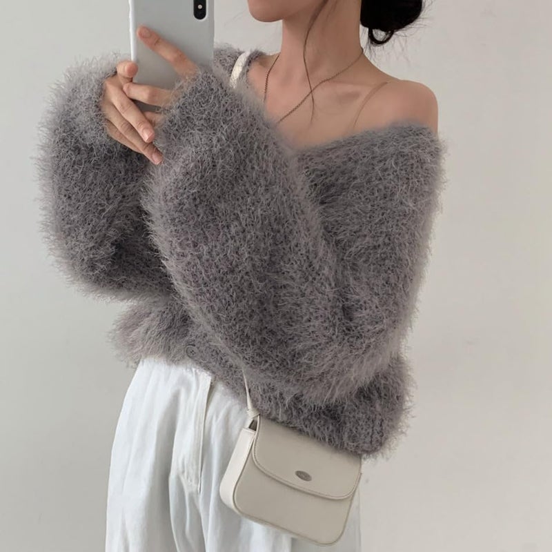 JOLILUNA Mohair Cardigan for Women Fuzzy Open Front Cardigan Oversized Faux Fur Cardigan Coquette Sweaters (Grey) - Image 3