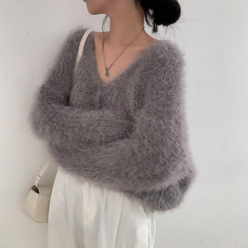 JOLILUNA Mohair Cardigan for Women Fuzzy Open Front Cardigan Oversized Faux Fur Cardigan Coquette Sweaters (Grey) - Image 2