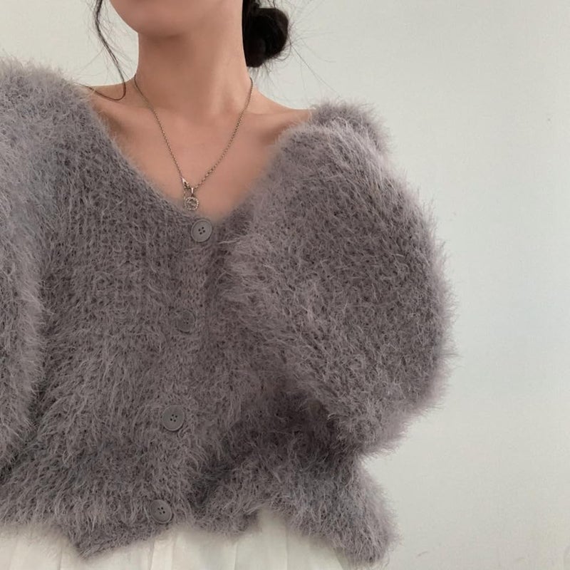 JOLILUNA Mohair Cardigan for Women Fuzzy Open Front Cardigan Oversized Faux Fur Cardigan Coquette Sweaters (Grey) - Image 4