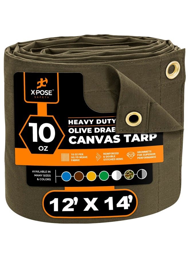 xpose safety غطاء قماش - 10 أونصة قماش زيتوني داكن غطاء قماش ثقيل مقاوم للماء مع حلقات نحاسية - غطاء خارجي متعدد الاستخدامات للتخييم، مظلة، مقطورة، غطاء معدات 12' x 14' - Image 1