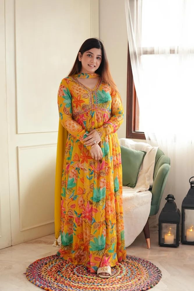 KD Georgette Women's Anarkali Floral Printed Kurta Pant Set With Dupatta Anarkali Kurta Kurti For Women (Xx-Large, YELLOW) - Image 2