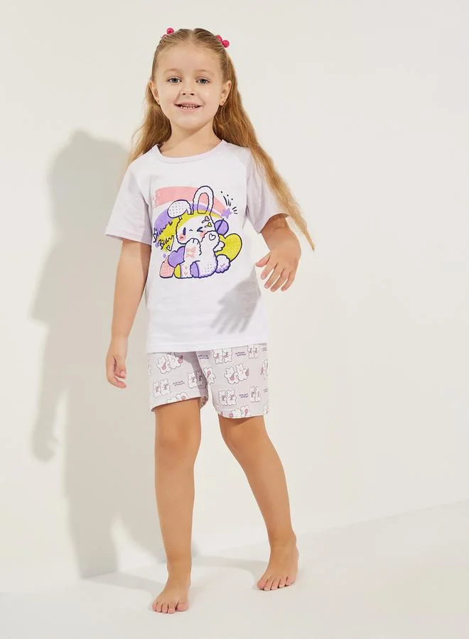 ستايلي Bunny Cute Print T-Shirt & Shorts Set
