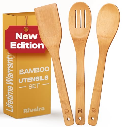 Riveira Bamboo Wooden Spoons for Cooking 3-Piece, Apartment Essentials Wood Spatula Spoon Nonstick Kitchen Utensil Set Premium Quality Housewarming Gifts for Everyday Use - Image 1