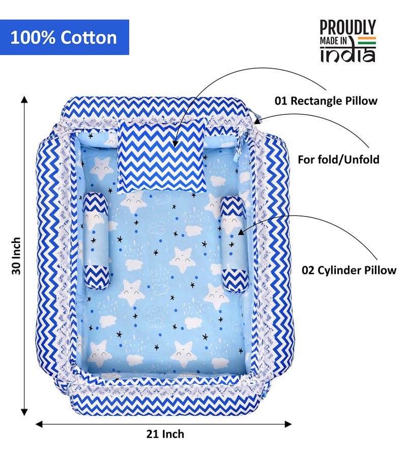 LOREM Blue 3 Pillows & Square Shape Cotton Baby Bed for 0-1 Year BB05 - Image 5