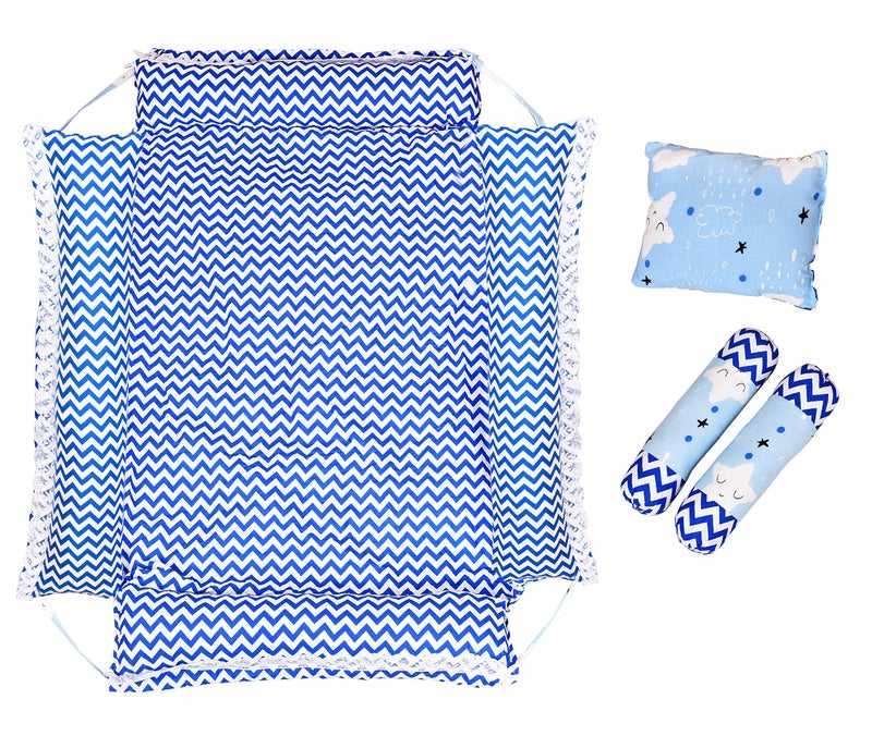 LOREM Blue 3 Pillows & Square Shape Cotton Baby Bed for 0-1 Year BB05 - Image 4