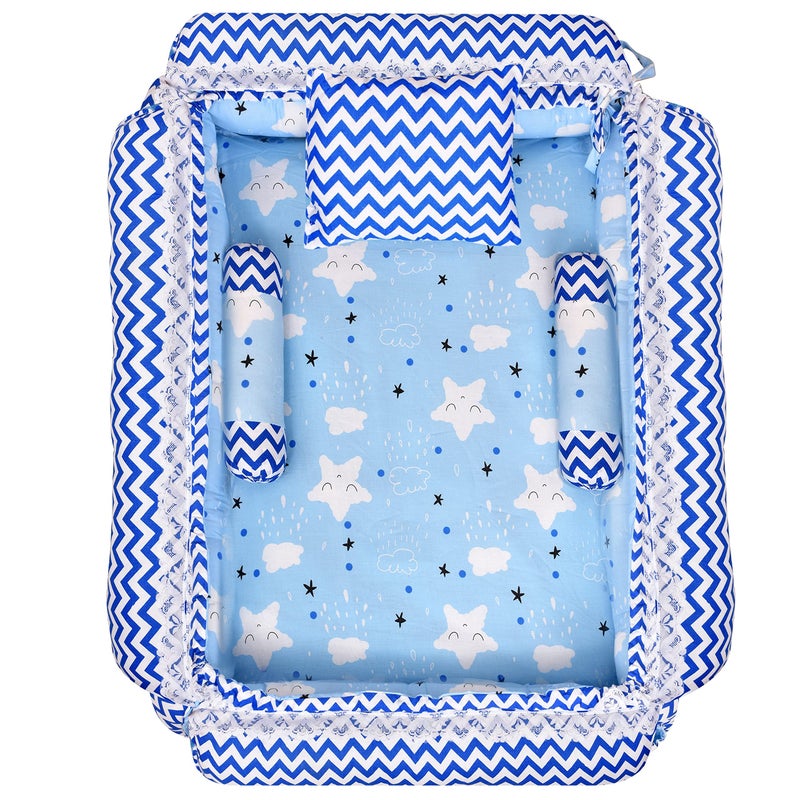 LOREM Blue 3 Pillows & Square Shape Cotton Baby Bed for 0-1 Year BB05 - Image 1