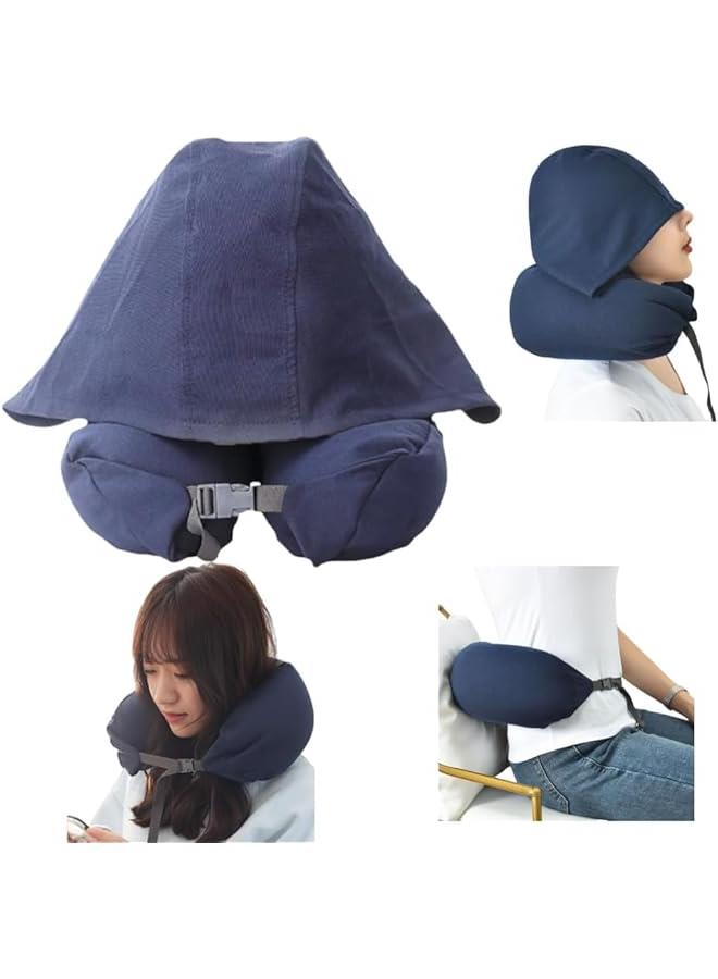 HOOKOR Travel Neck Pillow with Hood - Adult Travel Must Haves Airplane Hoodie Pillow, Premium Quality Memory Foam, Fit for Office, Car Ride, Sleeping (Navy blue) - Image 2