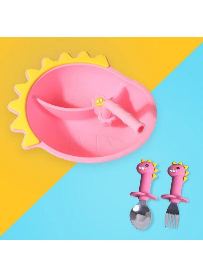 StarAndDaisy Baby Plates For Toddlers With Straw Silicone Plates With Suction Divided Kids Bpa Free Microwave Dishwasher Safe Plates With Set Of Spoons (Casual Plate Pink) - Image 2
