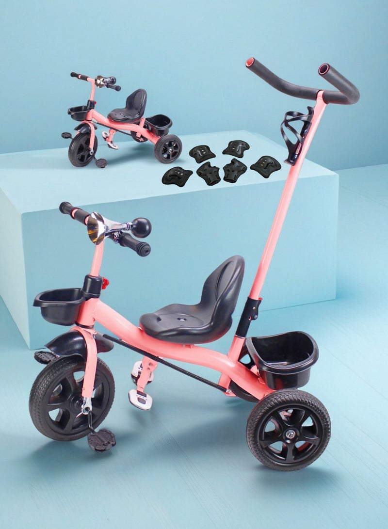 Package Include Protective Gear Set – Kids Tricycle with Parental Push Handle & Storage Basket, Baby Ride-On Bicycle Toy Color Options: Grey, Red, Pink - Image 1