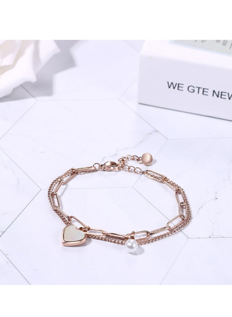 Oasisgalore Elegant Double-Layer Heart Pearl Bracelets, Adjustable Stainless Steel, Women's Jewelry Gift  - Image 4