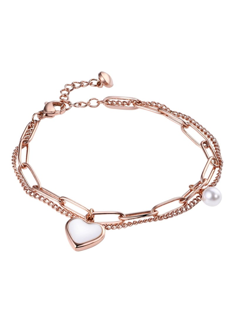 Oasisgalore Elegant Double-Layer Heart Pearl Bracelets, Adjustable Stainless Steel, Women's Jewelry Gift  - Image 1