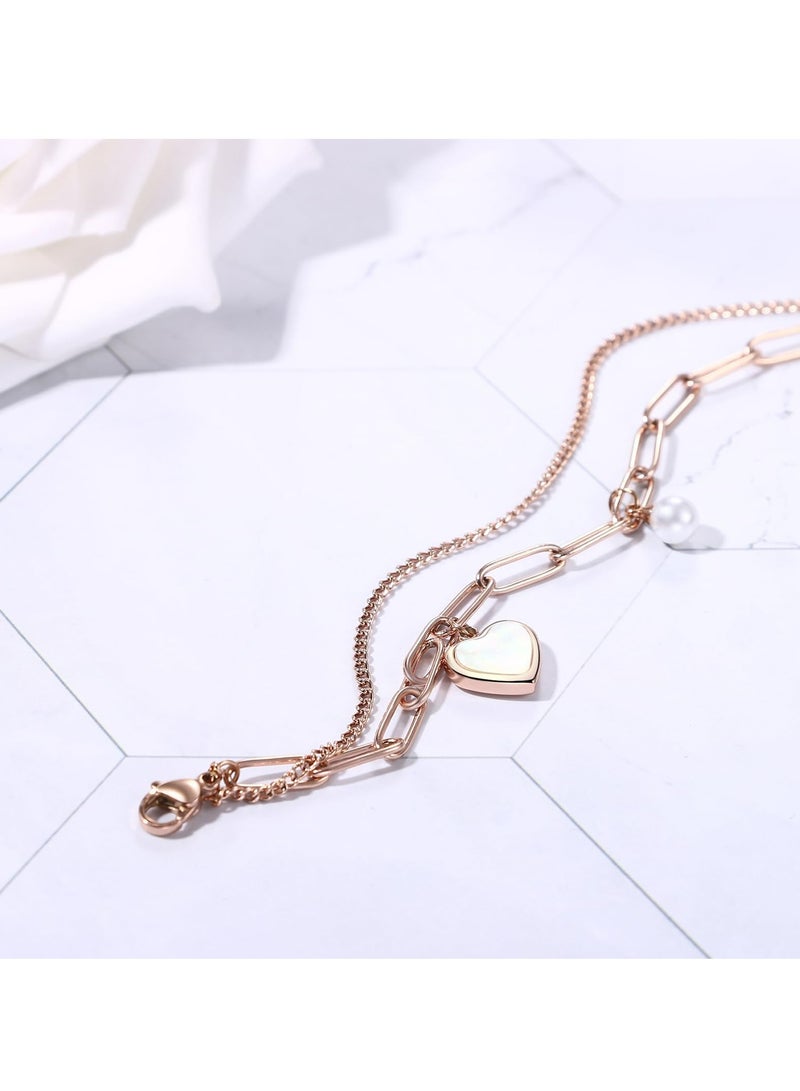 Oasisgalore Elegant Double-Layer Heart Pearl Bracelets, Adjustable Stainless Steel, Women's Jewelry Gift  - Image 5