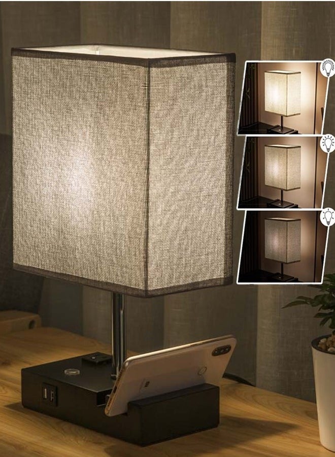 Bedside Lamp for Bedroom or Living Room, Touch Lamp with 2 Phone Holders, Dimmable USB Lamp, Gray Fabric Lampshade, Modern Style Gray Lampshade, Built-In 2 USB Ports - Image 4