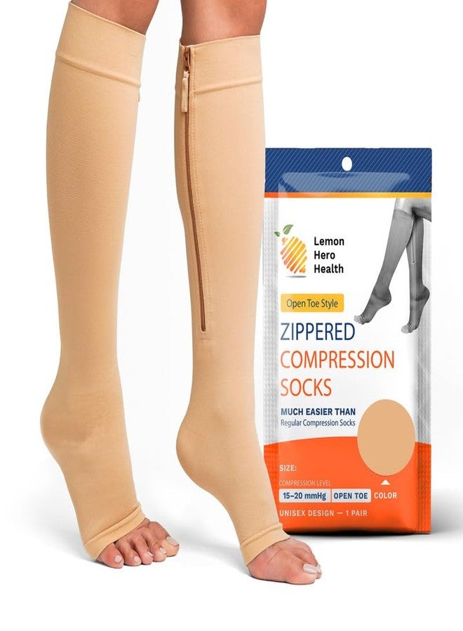 Lemon Hero Short/Petite Zippered Medical Compression Socks with Zipper Safe Guard & Open Toe - Best Leg Support Stocking (3X-Large Short, Beige) - Image 1