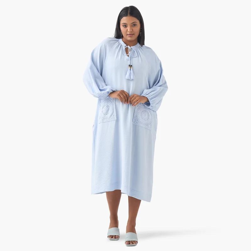 Ulla Popken Plus Size Ulla Popken Crochet Pocket Dress with Tie-Up Neck