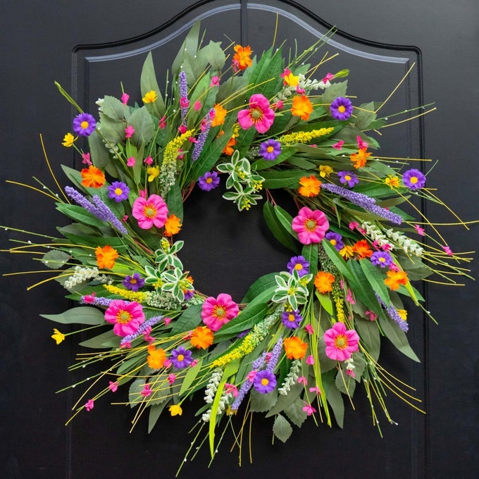 SPRING WREATHS FOR FRONT DOOR 24 INCH SPRING WREATH WITH VIBRANT FLOWERS AND GREENERY SUMMER WREATH FOR OUTDOOR SUMMER WREATHS FOR FRONT DOOR OUTSIDE PERFECT DECOR FOR OUTDOOR
