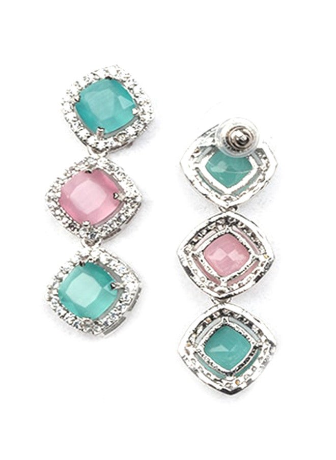 StileAdda Silver Plated AD Studded Necklace and Earrings Set with Pink and Blue Stones - Image 5