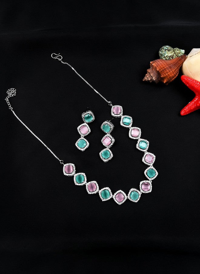 StileAdda Silver Plated AD Studded Necklace and Earrings Set with Pink and Blue Stones - Image 1