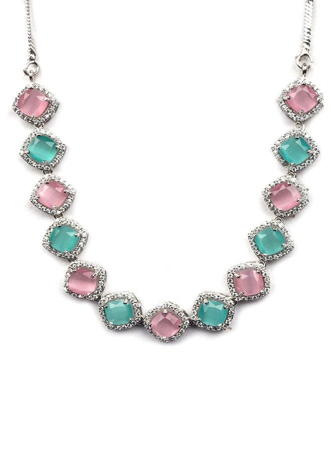 StileAdda Silver Plated AD Studded Necklace and Earrings Set with Pink and Blue Stones - Image 3