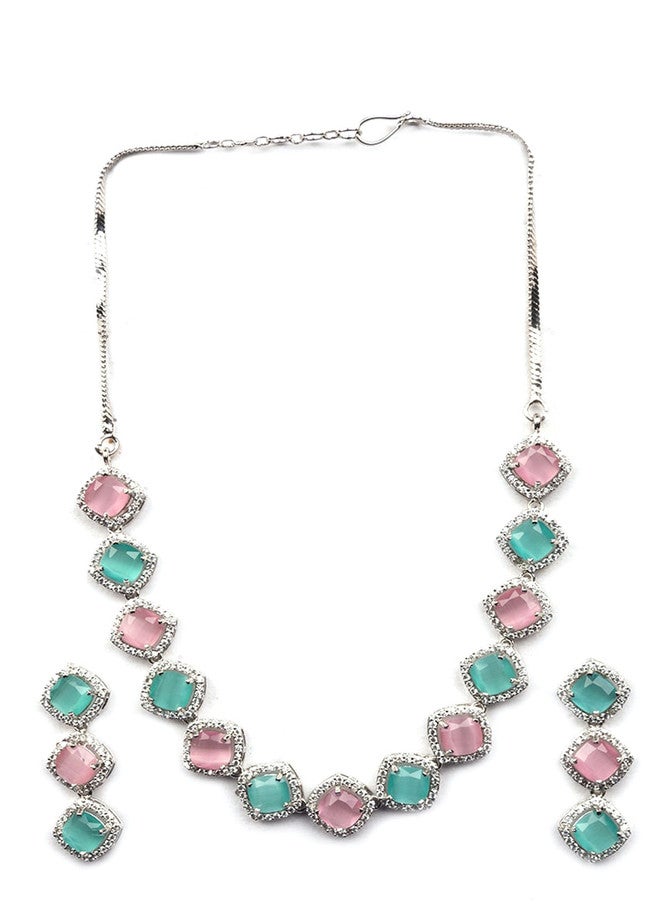 StileAdda Silver Plated AD Studded Necklace and Earrings Set with Pink and Blue Stones - Image 2