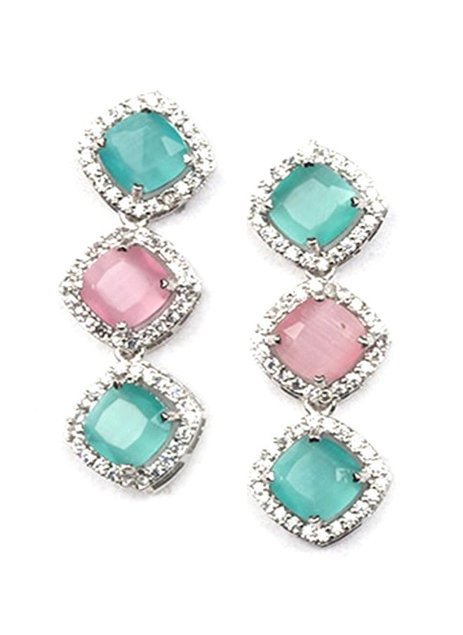 StileAdda Silver Plated AD Studded Necklace and Earrings Set with Pink and Blue Stones - Image 4