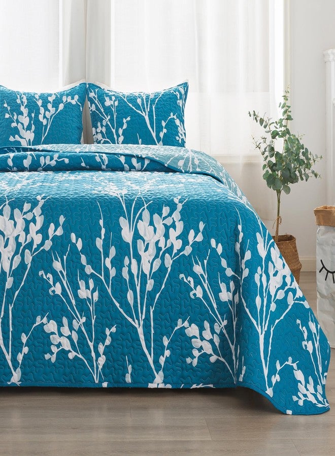Andency Teal Blue Quilt Queen Size (96x90 Inch), 3 Pieces Floral Lightweight Bedspread, Microfiber Reversible Flower Quilted Coverlet with 2 Pillowcases for Men Women - Image 4
