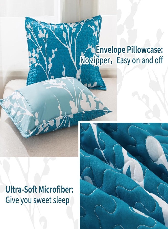 Andency Teal Blue Quilt Queen Size (96x90 Inch), 3 Pieces Floral Lightweight Bedspread, Microfiber Reversible Flower Quilted Coverlet with 2 Pillowcases for Men Women - Image 2
