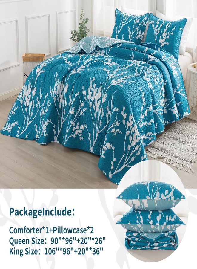 Andency Teal Blue Quilt Queen Size (96x90 Inch), 3 Pieces Floral Lightweight Bedspread, Microfiber Reversible Flower Quilted Coverlet with 2 Pillowcases for Men Women - Image 3