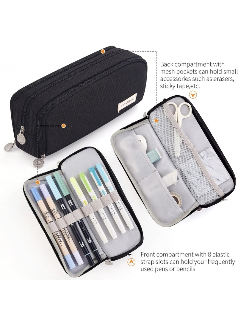 Relex Large Capacity Pencil Case 3 Compartment Pouch Pen Bag for School Teen Girl Boy Men Women, Black, Lightweight, travel  - Image 2