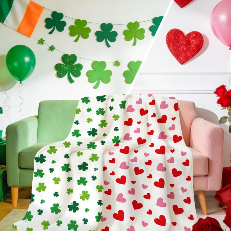 Whaline Valentineâ€™s Day St. Patrickâ€™s Day Fuzzy Blanket Reversible Throw Blanket Heart Shamrock Clover Double-Sided Soft Cozy Flannel Blankets for Party Home Bed Sofa Couch, 50 x 60 Inch - Image 1