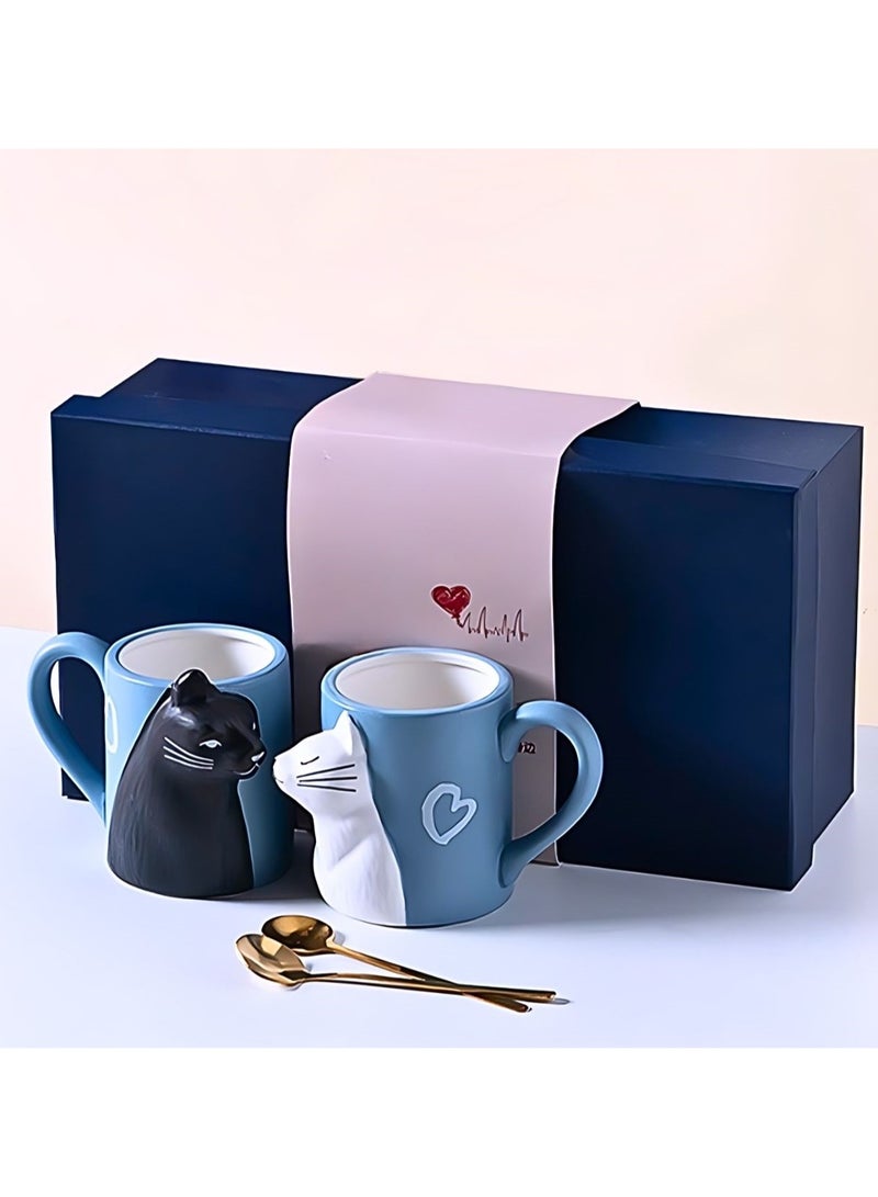 SOLARAE Cat Couple Mug set, Unique Funny Tea Ceramic Cup Set for Bride and Groom, Matching Gift For Birthday, Anniversary, Wedding, Engagement Valentines Day Girlfriend Wife (Cat mug) Blue 400ml  - Image 1