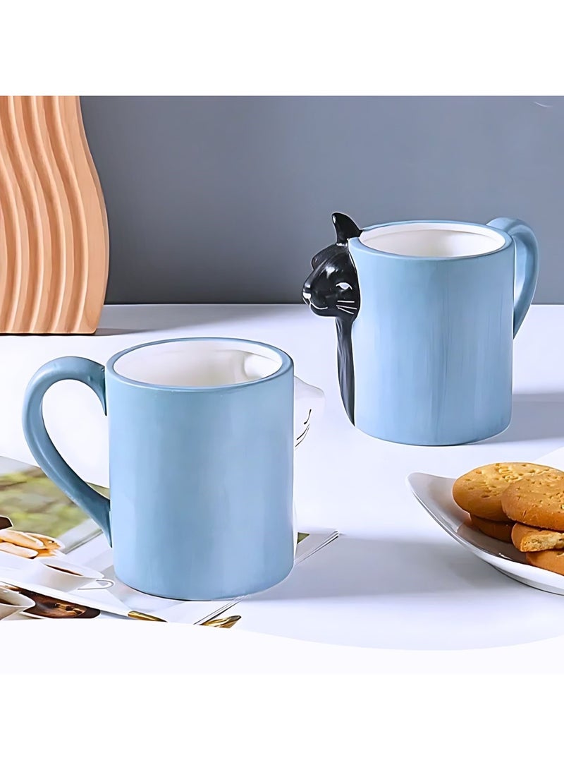 SOLARAE Cat Couple Mug set, Unique Funny Tea Ceramic Cup Set for Bride and Groom, Matching Gift For Birthday, Anniversary, Wedding, Engagement Valentines Day Girlfriend Wife (Cat mug) Blue 400ml  - Image 4