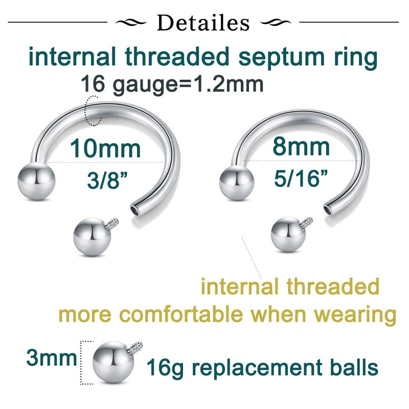 Longita Internally Threaded Septum Ring Silver Septum Rings 16g Septum Piercing Surgical Steel Septum Jewelry Septum Nose Rings 16 Gauge Small Septum Ring 8mm 10mm Horseshoe with Replacement Balls - Image 2