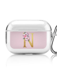 Classic Clear printed Case for Apple AirPods Pro 2nd Generation Thin Transparent Cover - Custom Monogram Initial Letter Floral Pattern Alphabet - N (Pink )